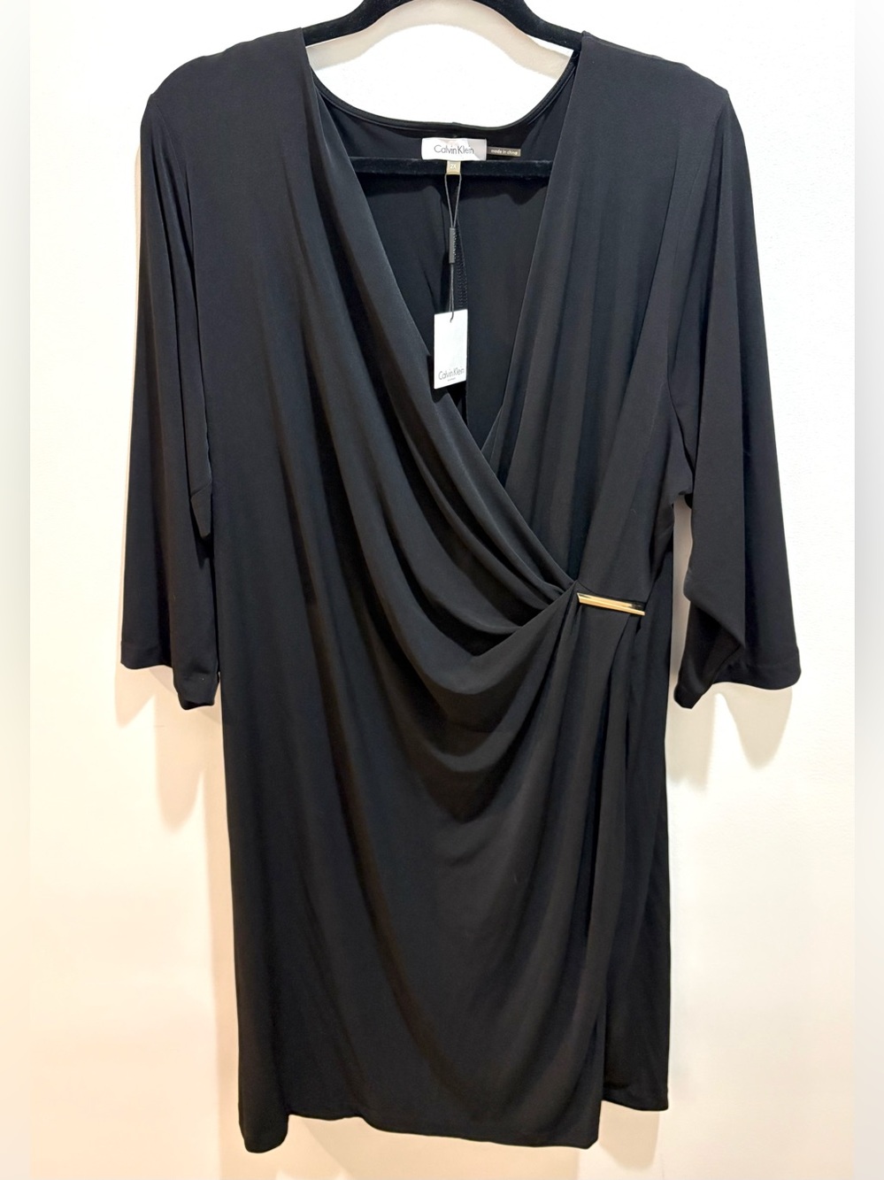 Calvin Klein Black Faux Wrap Dress 2X Gold Hardware LBD V-Neck 3/4 Sleeve NWT